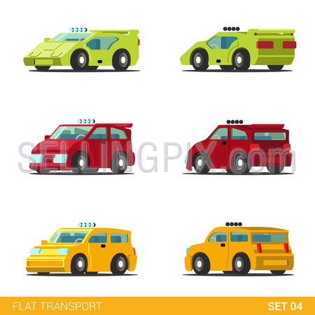 Flat 3d isometric funny road transport icon set. Sportscar supercar hatchback taxi cab car. Build your own world web infographic collection.
