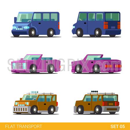 Flat 3d isometric funny road transport icon set. Minibus cabriolet convertible coupe universal family car. Build your own world web infographic collection.