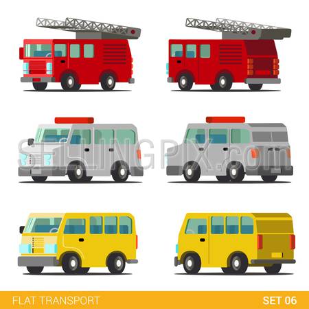 Flat 3d isometric funny city emergency service road transport icon set. Fire department police dept van SWAT armored car taxi minibus. Build your own world web infographic collection.