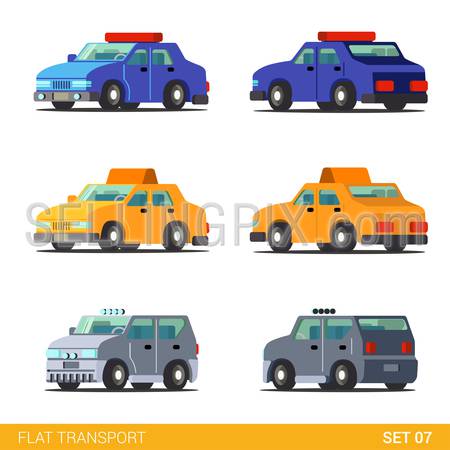 Flat 3d isometric funny sedan cars city road transport icon set. Police sheriff patrol car taxi cab offroad SUV truck. Build your own world web infographic collection.