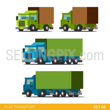Flat 3d isometric high quality funny cargo delivery road transport icon set. Truck van automobile wagon motor lorry. Build your own world web infographic collection.