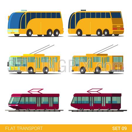 Flat 3d isometric high quality funny public city road transport icon set. Tourist route bus trolleybus tram. Build your own world web infographic collection.