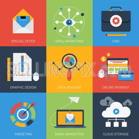 Flat icons set email viral marketing targeting data analysis digital advertising campaign online payment. Web click infographics style vector illustration concept collection.