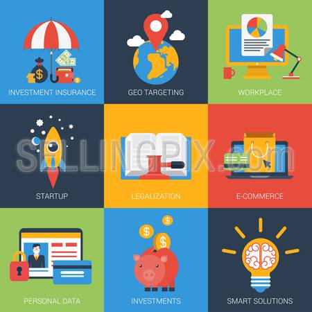 Flat icons set startup investment geo targeting insurance personal data smart solutions legal documents e-commerce. Web click infographics style vector illustration concept collection.