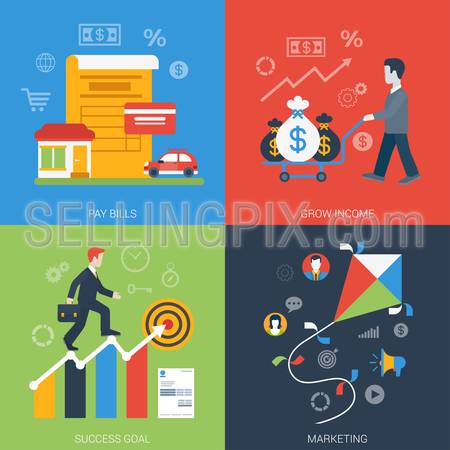 Flat style web banner modern online business icon set. Pay bills grow income success goal marketing collage. Website click infogaphics elements collection.