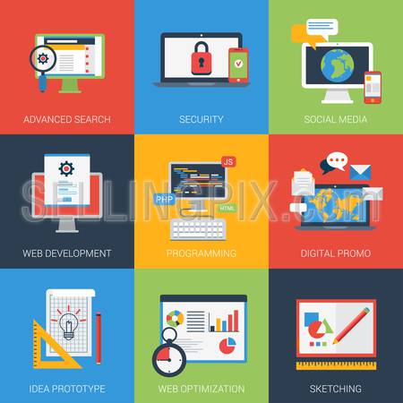 Flat icons set web app development window interface. Search results security social media digital promo program coding prototyping idea SEO optimization sketch. Vector infographics icon collection.