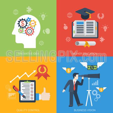 Flat style web banner modern icon set concept from innovative idea to success in business. Gear cogwheel mechanism brain education quality control vision. Website click infogaphics elements collection