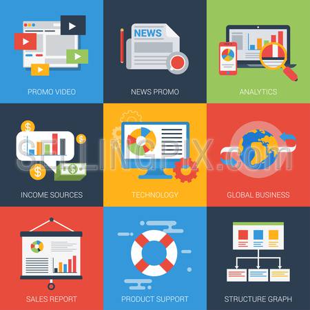 Flat icons set online digital business promotion campaign analytics report support sales structure graph income sources. Web click infographics style vector illustration concept collection.
