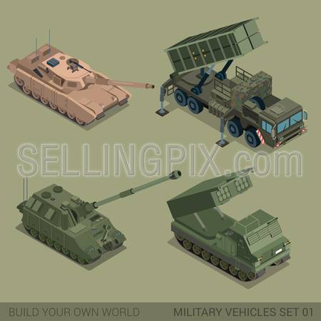 Flat 3d isometric high quality military vehicles machinery transport icon set. Tank self propelled artillery multiple rocket launch system MRLS tracked caterpillar. Build your own world web collection