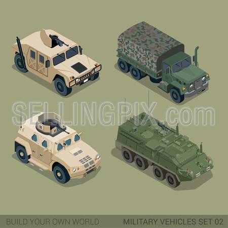 Flat 3d isometric high quality military road transport icon set. Patriot APC armored personnel carrier mil truck cargo ammunition ammo van. Build your own world web infographic collection.