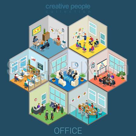 Flat 3d isometric abstract office interior room cells company workers staff concept vector. Reception, meeting conference, training class, accounting, open space. Creative business people collection.