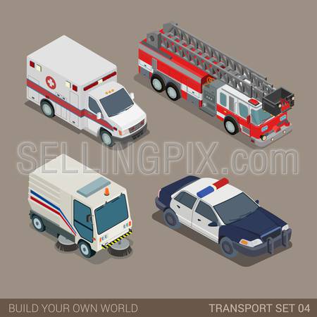 Flat 3d isometric high quality city municipal emergency road transport icon set. Ambulance fire department police sedan dept pavement sidewalk cleaner. Build your own world web infographic collection.