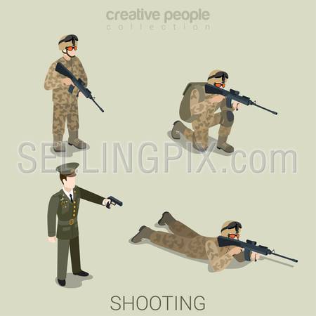 Military aiming shooting people in uniform flat isometric 3d game avatar user profile icon vector set. Soldier SWAT officer sniper special operation unit. Build your own world web collection.