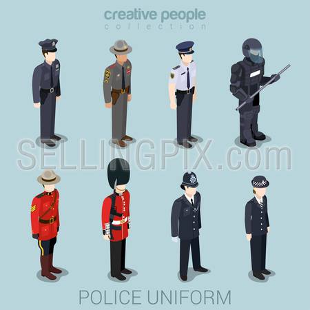 Police officer commander patrol SWAT people in uniform flat isometric 3d game avatar user profile icon vector illustration set. Creative people collection. Build your own world.