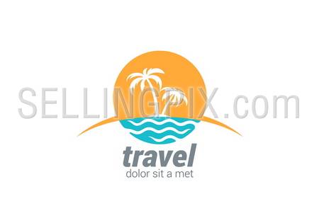 Travel agency vector logo design template. 
Beach, Sea, Horizon, Palms, Sun – Creative Concept icon. – stock vector