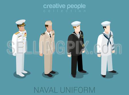 Naval military people in uniform flat isometric 3d game avatar user profile icon vector illustration set. Sailor navy officer NCIS fleet. Creative people collection. Build your own world.