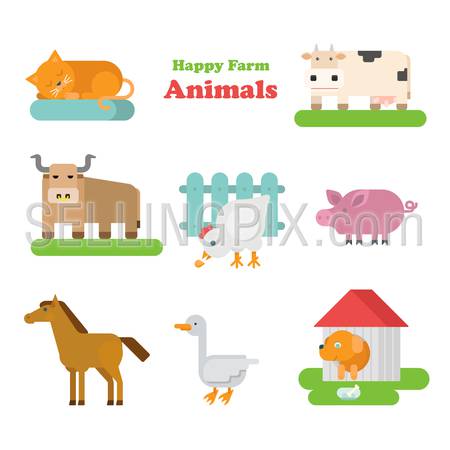 Funny flat kid style happy farm animals icon set. Cat dog cow bull hen pig horse goose. Zoo animal web infographic collection.
