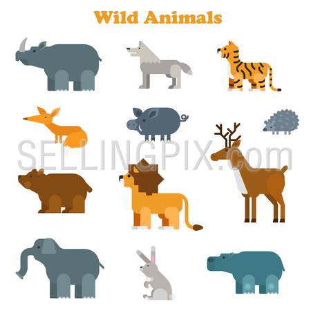 Funny flat kid style happy wild animals icon set. Rhino wolf tiger fox boar lion giraffe elk hedgehog bear elephant rabbit hippo. Zoo animal web infographic collection.