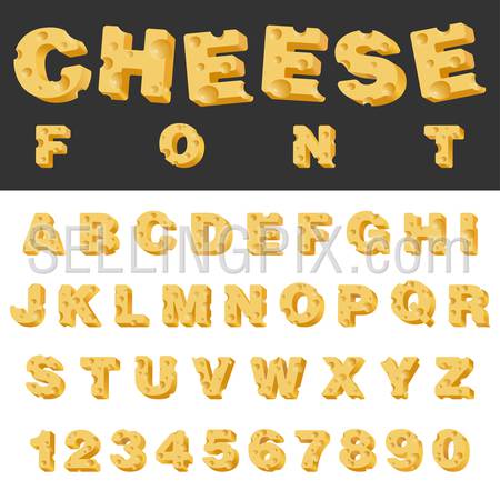 Cheese slice isolated letters and numbers latin font. Yummy food snack typeset alphabet collection.