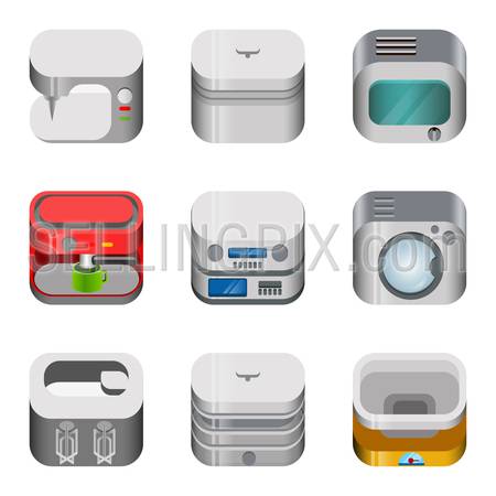 Home electronics glossy app dashboard icon vector set. Stylish modern mobile web application icons collection. Sewing washing coffee brewing machine microwave mixer weights.