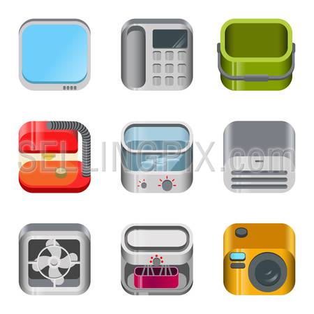 Home table electronics glossy app dashboard icon vector set. Stylish modern mobile web application icons collection. TV telephone bucket lamp food processor mincer blender fan camera air conditioner.