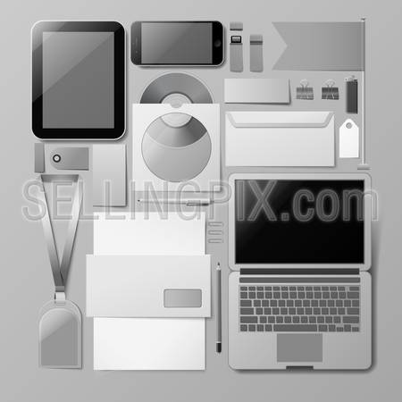 Mockup mobile computer electronics corporate identity branding template vector. Empty background isolated collage set objects. Stylish modern business mock-up collection. Smartphone tablet pc laptop.
