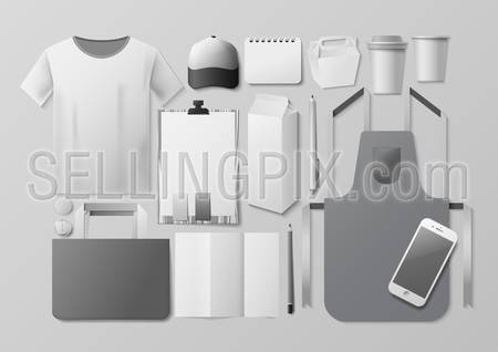 Mockup fast food app clothes corporate identity branding template vector. Empty background isolated collage set of objects. Stylish modern business mock-up collection. Fastfood t-shirt apron phone cup