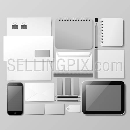 Mockup corporate identity mobile app branding template vector. Empty background isolated collage set of objects. Stylish modern business mock-up collection. Phone tablet stationery ruler notepad.