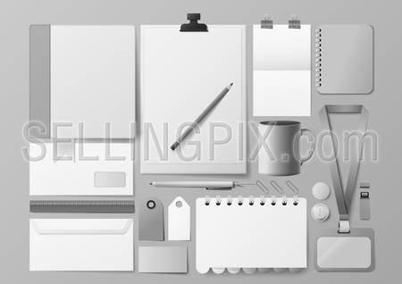 Mockup corporate identity stationery branding template vector. Empty background isolated collage set of objects. Stylish modern business mock-up collection. Diary notebook label envelope label cup.