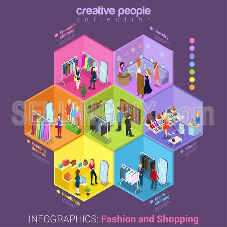 Flat 3d isometric fashion shopping mall cell abstract interior room customers clients buyers workers staff concept vector. Creative business people in cells collection.