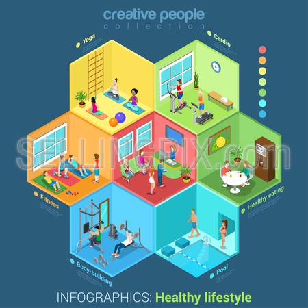 Flat 3d isometric fitness center sport club abstract interior room cell workers staff concept vector. Healthy lifestyle concept. Creative people in cells collection.