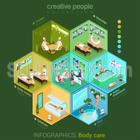 Flat 3d isometric spa salon body care studio abstract interior room cell customers clients visitors workers staff concept vector. Solarium pool water treatment body mask lounge massage lobby. Creative people in cells infosgraphic collection.