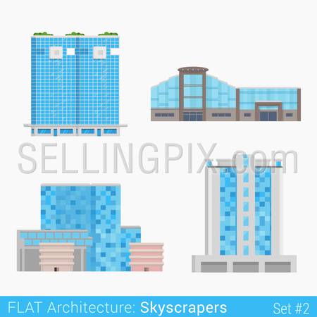 Flat style modern buildings trade business center mall hotel skyscrapers set. City design elements. Stylish design architecture collection.
