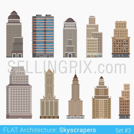 Flat style modern classic buildings skyscrapers set. City design elements. Stylish design architecture collection.