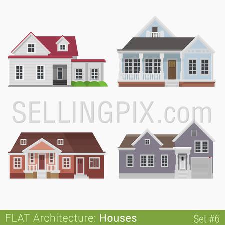 Flat style modern buildings countryside suburb houses set. City design elements. Stylish design architecture real estate property collection.