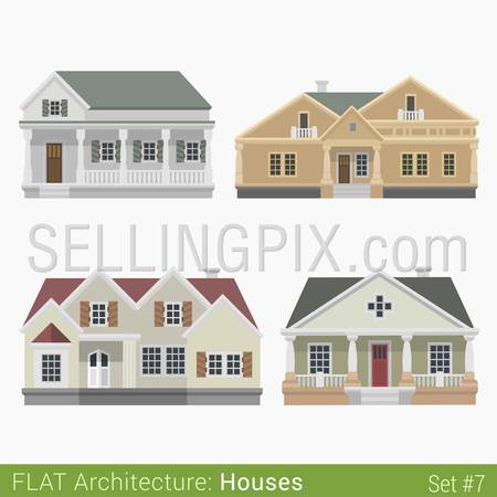 Flat style modern buildings countryside suburb townhouse houses set. City design elements. Stylish design architecture real estate property collection.