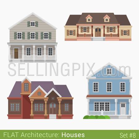 Flat style modern buildings countryside suburb townhouse cottage loghouse houses set. City design elements. Stylish design architecture real estate property collection.