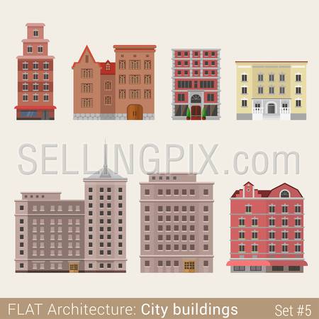Flat style modern classic municipal buildings small shop cafe set. School university library house. City design elements. Stylish design architecture collection.