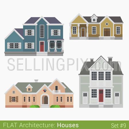 Flat style modern buildings countryside suburb townhouse municipal church houses set. City design elements. Stylish design architecture real estate property collection.