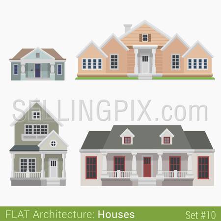 Flat style modern buildings countryside suburb townhouse church government municipal houses set. City design elements. Stylish design architecture real estate property collection.