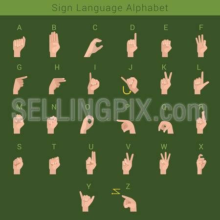 Sign deaf language hand gestures Latin English ABC. Hands showing letters of alphabet.