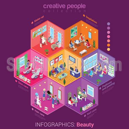 Beauty shop make-up body hair skin nail care peeling service flat 3d isometric infographics concept vector. Abstract interior room cell customer client visitor staff. Creative people collection.