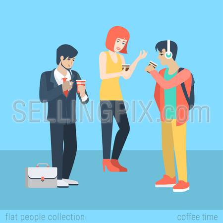 Flat people lifestyle situation coffee smoking cigarette time concept. Two young beautiful boys and girl coffee break. Vector illustration collection of young creative humans.
