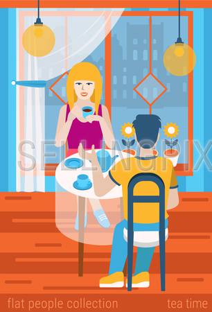 Flat people lifestyle situation tea time cafe restaurant concept. Young beautiful couple at table drinking hot beverage talking romantic dinner. Vector illustration collection of young creative humans.