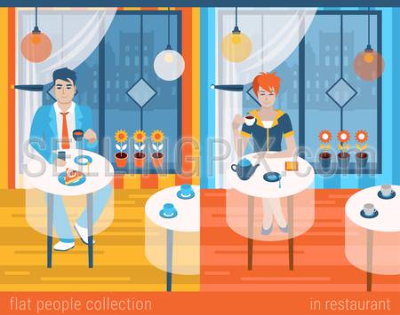 Flat people lifestyle situation in cafe restaurant concept. Set of young beautiful man and woman at table drinking hot beverage alone. Vector illustration collection of young creative humans.