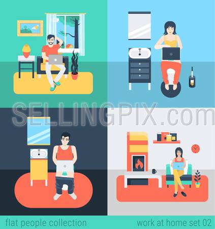 Set of young man woman freelance homework in living room WC bathroom toilet water closet. Flat people lifestyle situation work at home concept. Vector illustration collection of young creative humans.