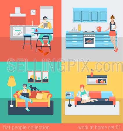 Set of young man woman freelance homework in kitchen living room sofa. Flat people lifestyle situation work at home concept. Vector illustration collection of young creative humans.