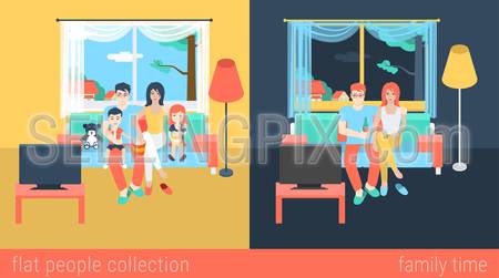 Set of family couple kids children in living room parenting watch TV. Flat people lifestyle situation family leisure time concept. Vector illustration collection of young creative humans.