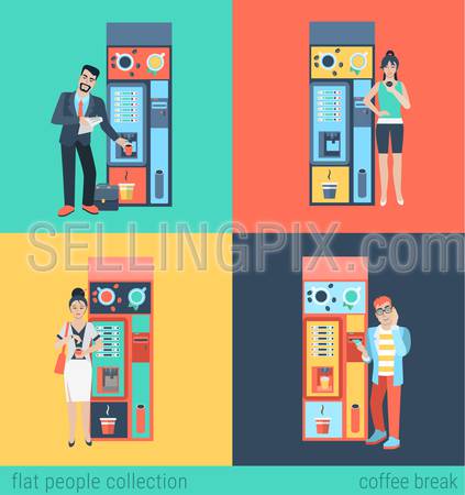 Set of man woman before coffee automatic machine. Flat people lifestyle situation coffee break. Vector illustration collection of young creative humans.
