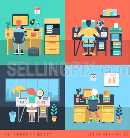 Set of young man woman freelance homework laptop table workplace. Flat people lifestyle situation work at home concept. Vector illustration collection of young creative humans.